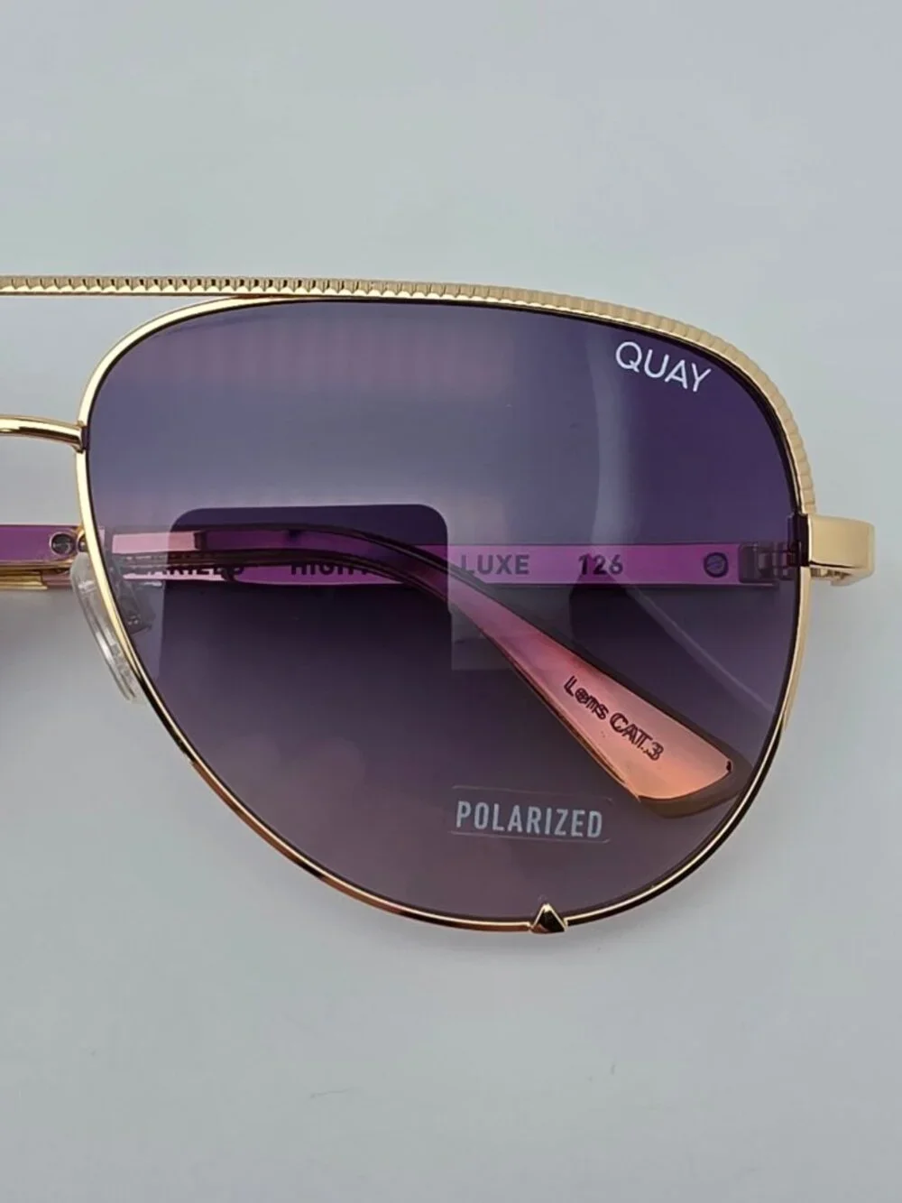Quay Australia High Key Luxe Gold Frame Polarized Purple Lens Aviator Sunglasses